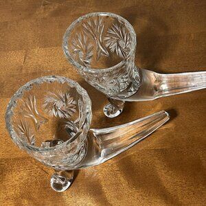 Two (2) Clear Lead Crystal Cornucopia Horn Of Plenty Vases Pinwheel Pattern
